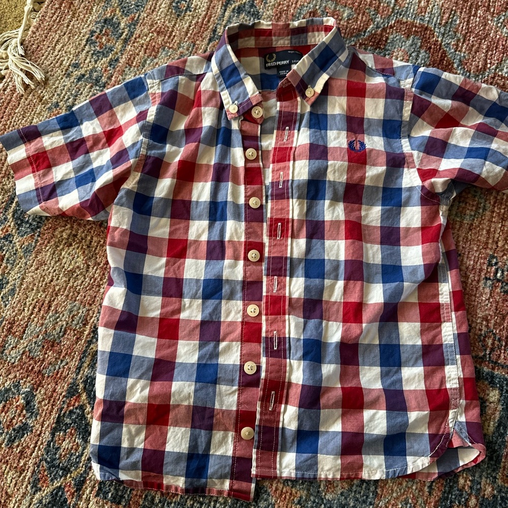 Boys, Fred Perry, short sleeve, shirt. Red, white and blue, size 5 to 6Y.